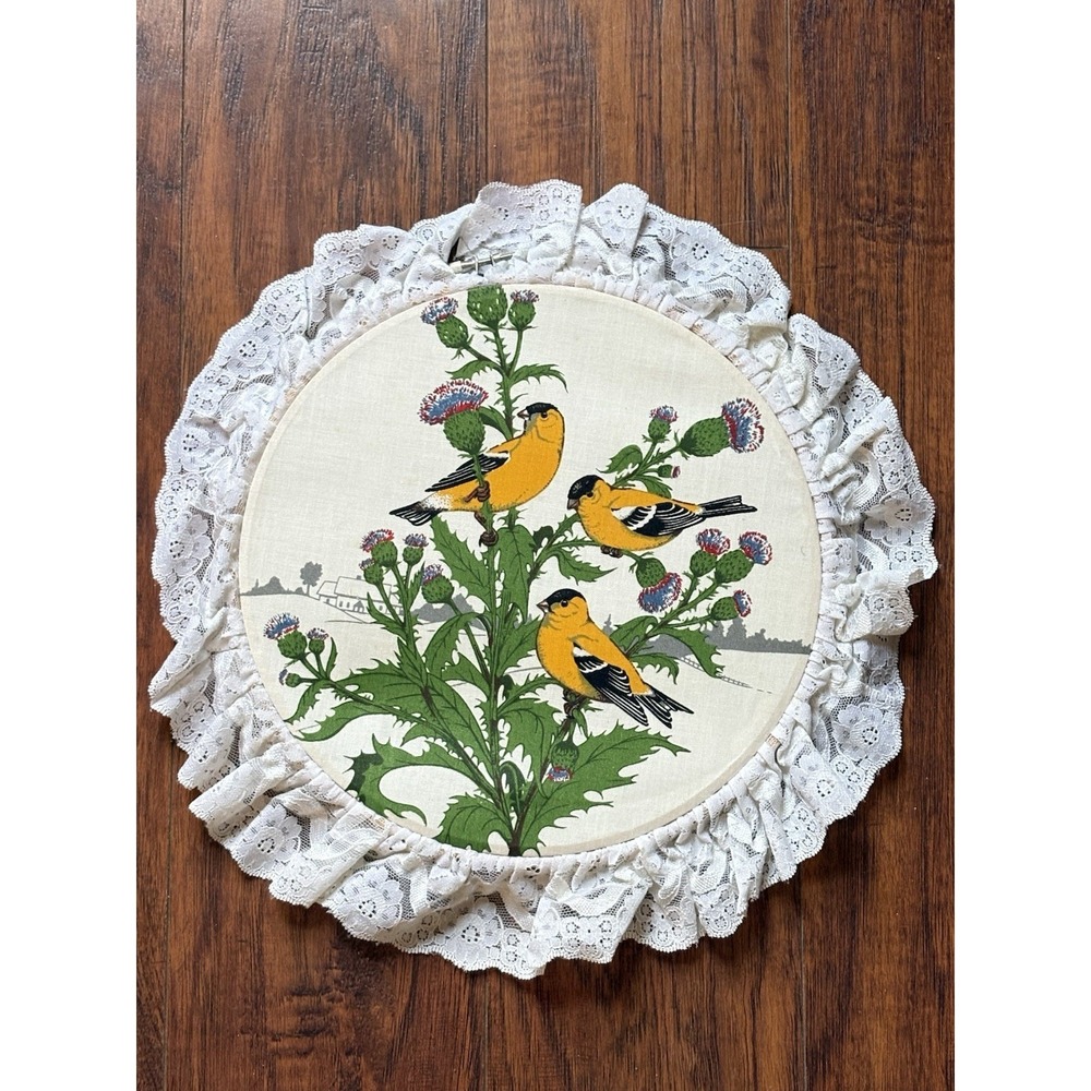 Vtg Goldfinch Bird Fabric Wall Hanging Lace Ruffle Embroidery Hoop Cottagecore
